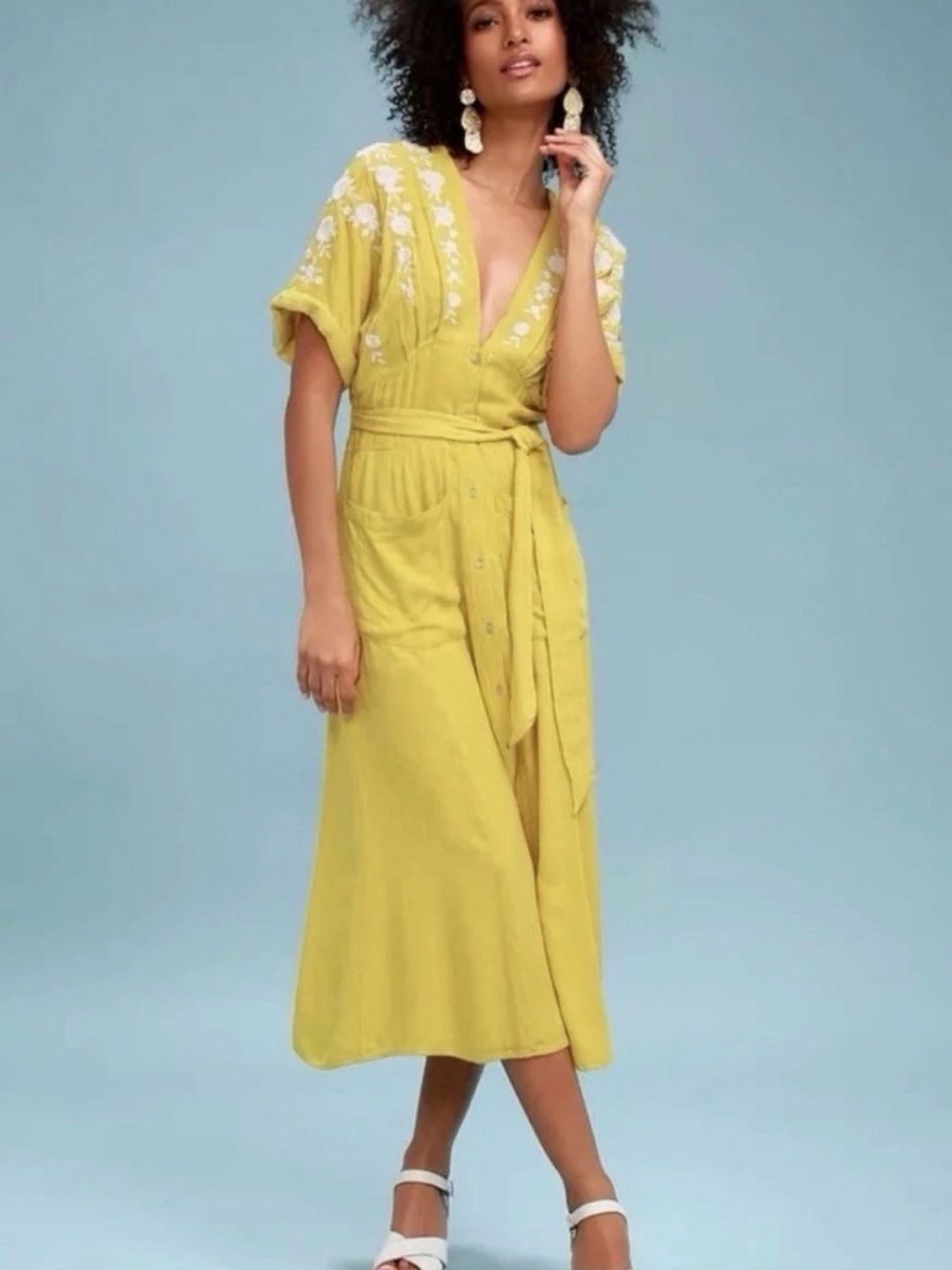 Free People Yellow Embroidered V-Neck Midi Dress